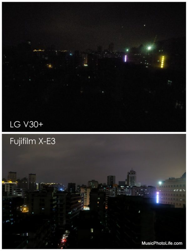 LG V30+ low light sample image compares to Fujifilm X-E3 18-55mm lens