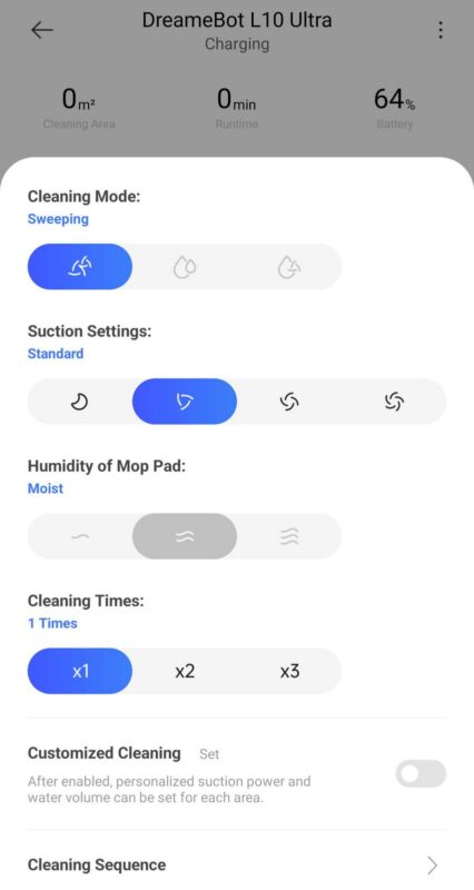DreameBot L10 Ultra app - sweep and mop options